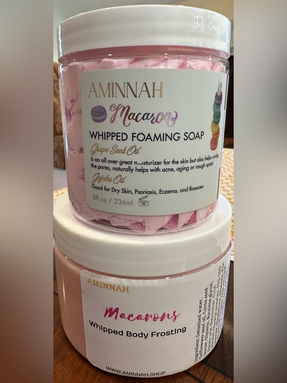 AMINNAH Macarons Whipped Body Frosting & Whipped Foaming Soap Set Retail $72 NEW